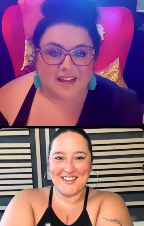 Two women, Dr. MC and Kyla Hallums, talking on an Instagram Live. Both are wearing black and have their hair up. Dr. MC has glasses and is wearing turquoise earrings. Kyla is wearing large hoop earrings.